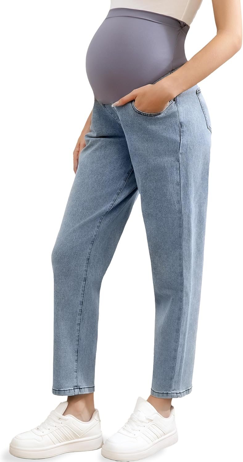 Coukula Women's Maternity Jeans Over Belly, Comfy Stretch Boyfriend Jeans, Loose Pregnancy Pants with Pockets - Image 1